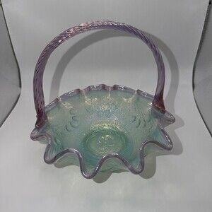 Vintage Fenton Art Glass Bowl Pink Crested Aquamarine Persian Medallion Pattern.